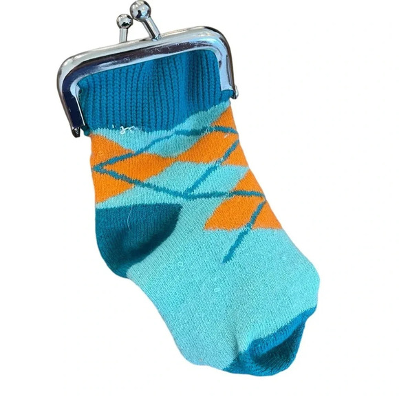 Miniature Baby Sock Change Purse Conversation Piece Blue-green and Orange GUC - Picture 1 of 7